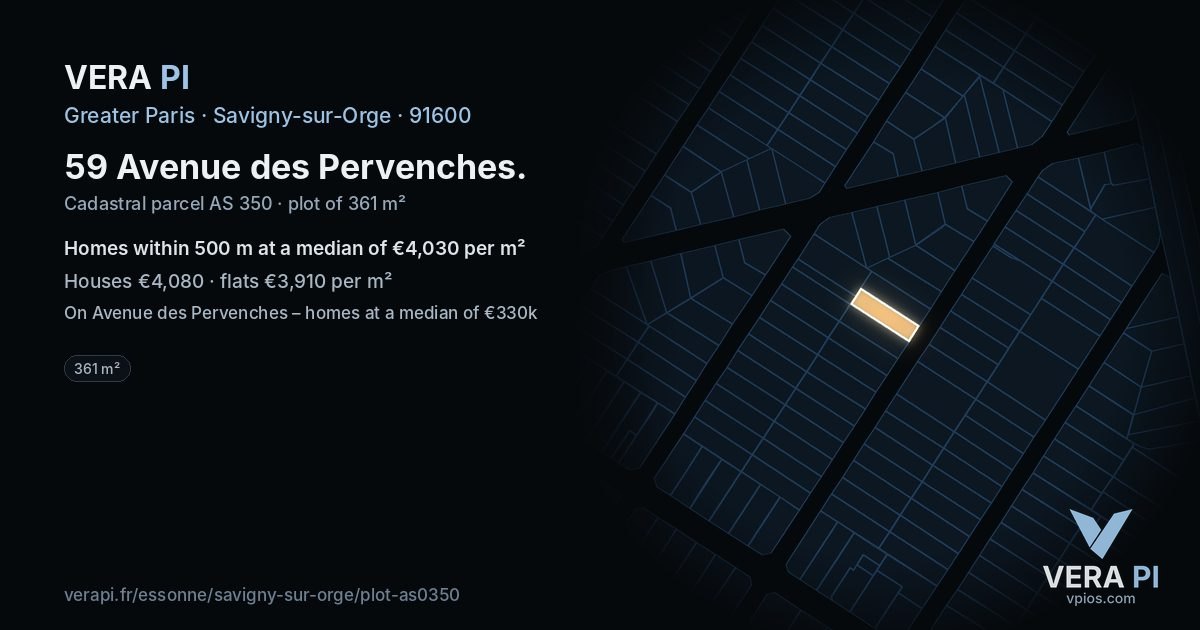 59 Avenue des Pervenches, Savigny-sur-Orge at night – the plot lit, the parcels around coloured by the prices near them