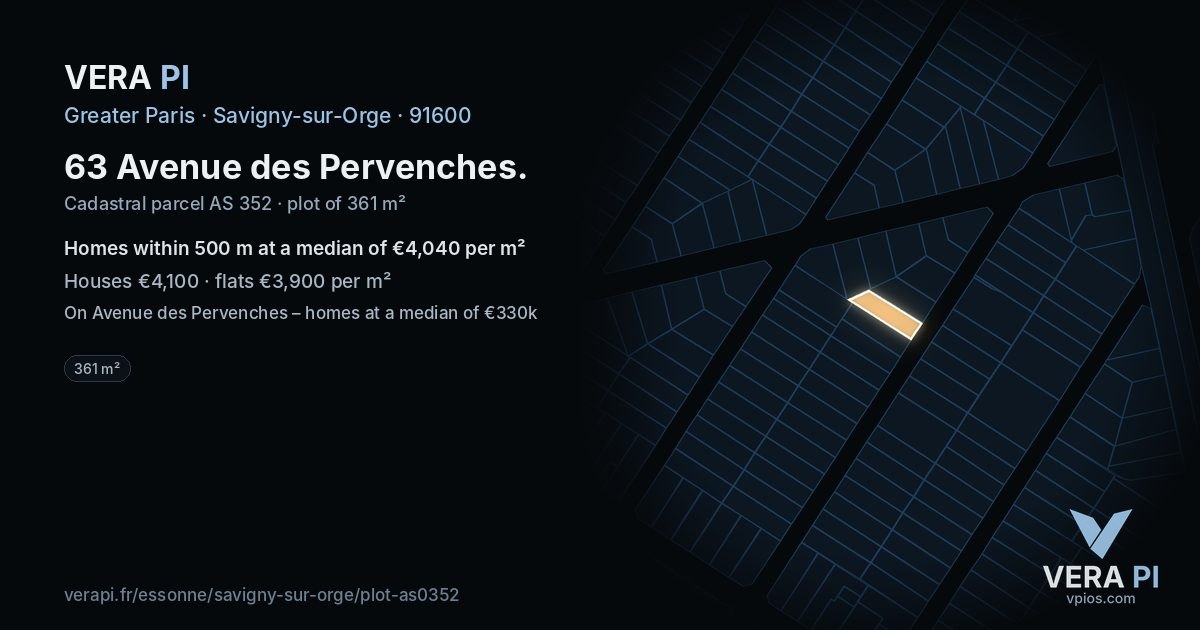 63 Avenue des Pervenches, Savigny-sur-Orge at night – the plot lit, the parcels around coloured by the prices near them