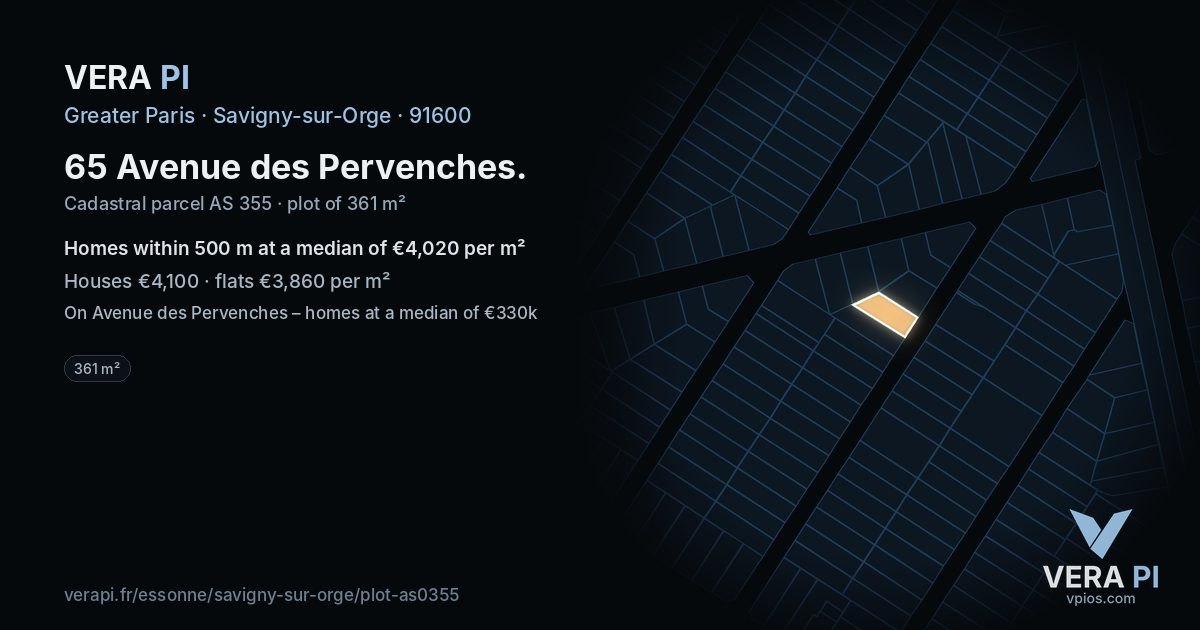 65 Avenue des Pervenches, Savigny-sur-Orge at night – the plot lit, the parcels around coloured by the prices near them