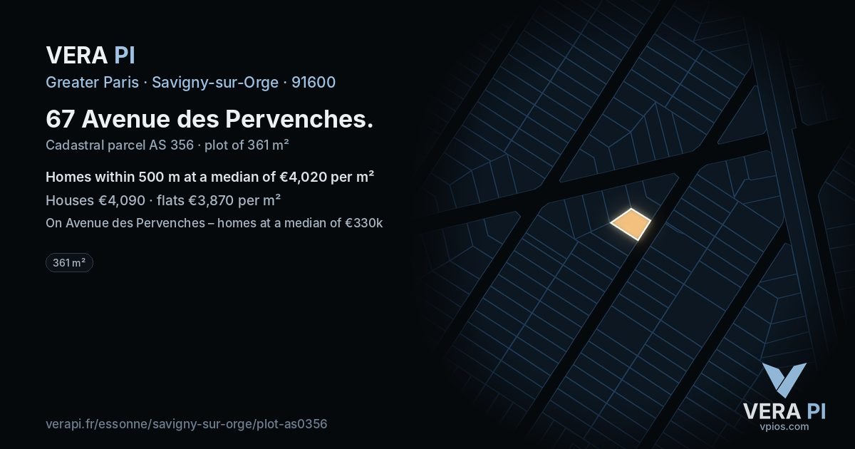 67 Avenue des Pervenches, Savigny-sur-Orge at night – the plot lit, the parcels around coloured by the prices near them