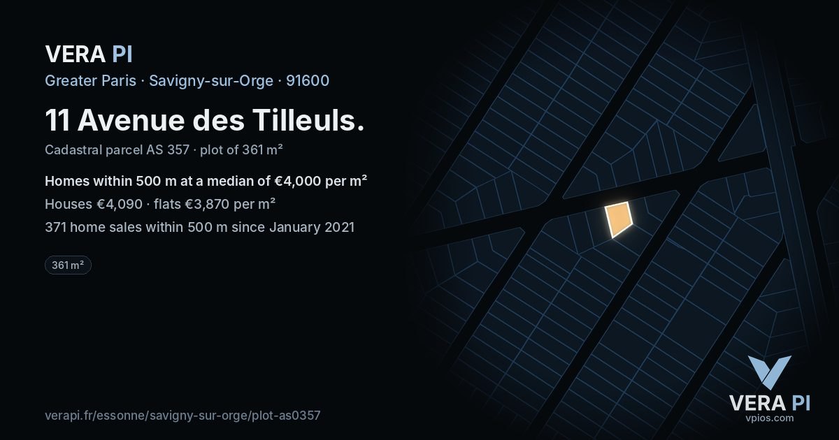 11 Avenue des Tilleuls, Savigny-sur-Orge at night – the plot lit, the parcels around coloured by the prices near them