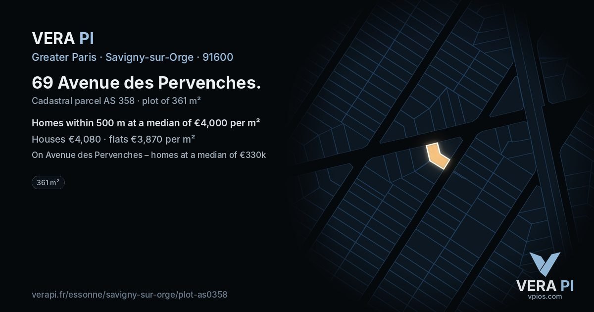 69 Avenue des Pervenches, Savigny-sur-Orge at night – the plot lit, the parcels around coloured by the prices near them