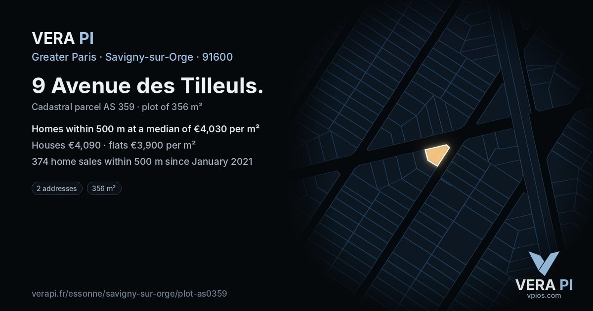 9 Avenue des Tilleuls, Savigny-sur-Orge at night – the plot lit, the parcels around coloured by the prices near them