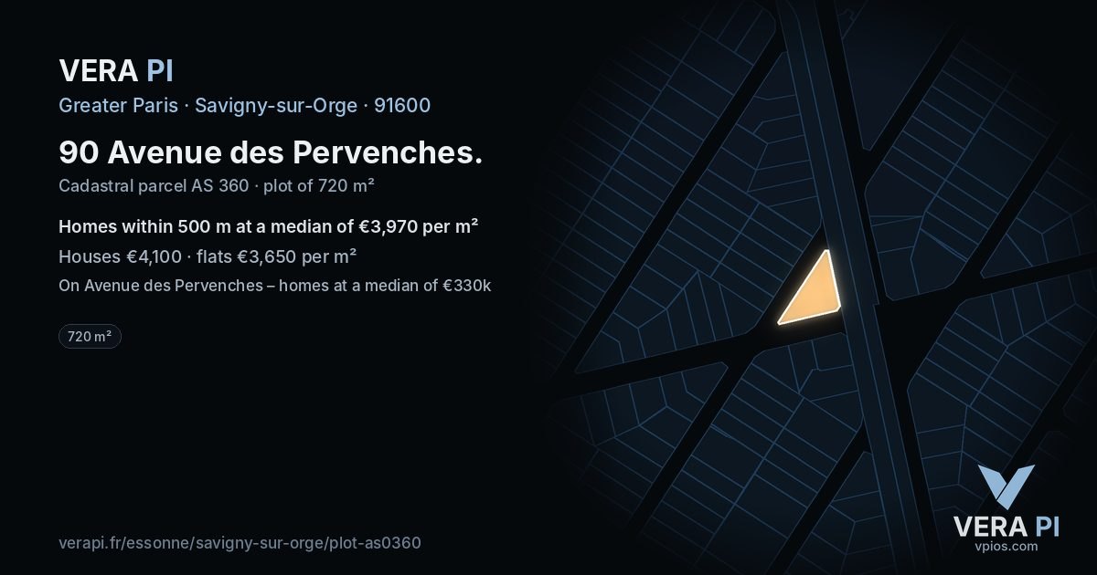 90 Avenue des Pervenches, Savigny-sur-Orge at night – the plot lit, the parcels around coloured by the prices near them