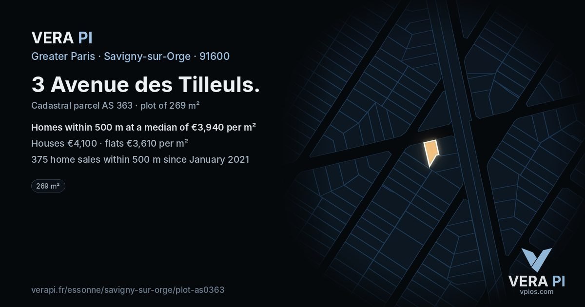 3 Avenue des Tilleuls, Savigny-sur-Orge at night – the plot lit, the parcels around coloured by the prices near them