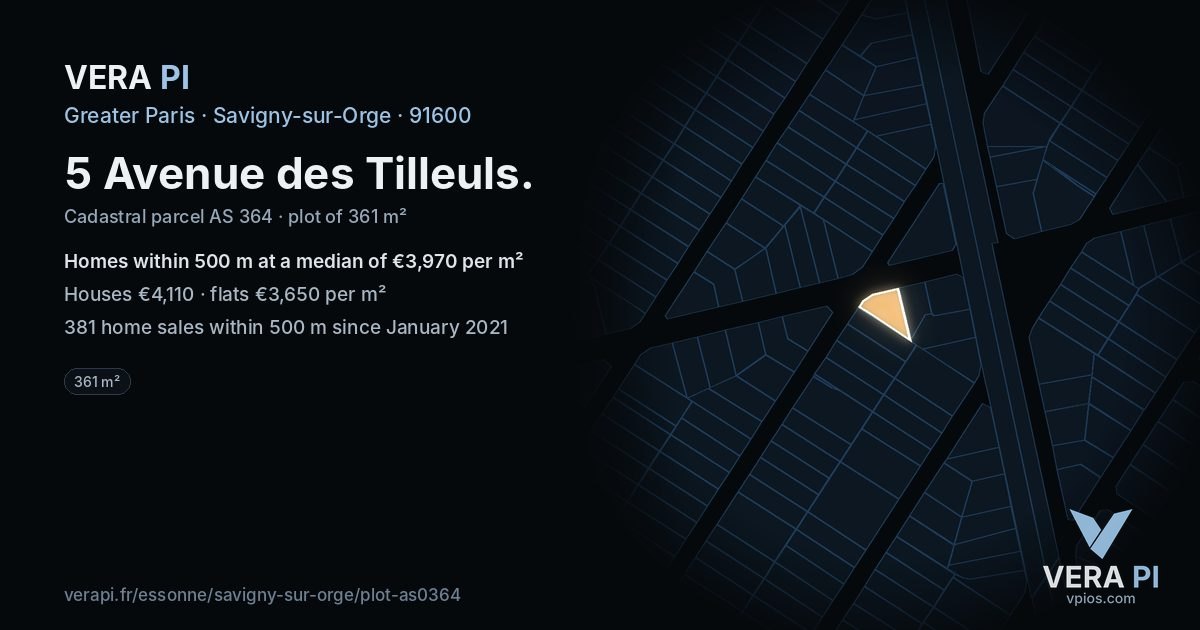 5 Avenue des Tilleuls, Savigny-sur-Orge at night – the plot lit, the parcels around coloured by the prices near them
