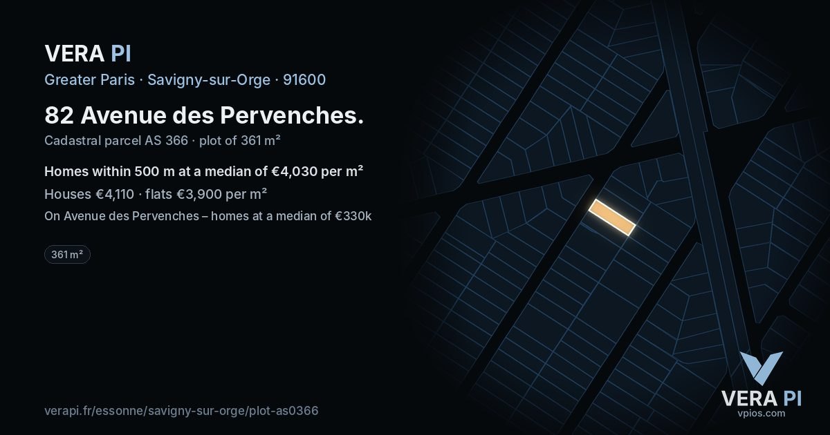 82 Avenue des Pervenches, Savigny-sur-Orge at night – the plot lit, the parcels around coloured by the prices near them
