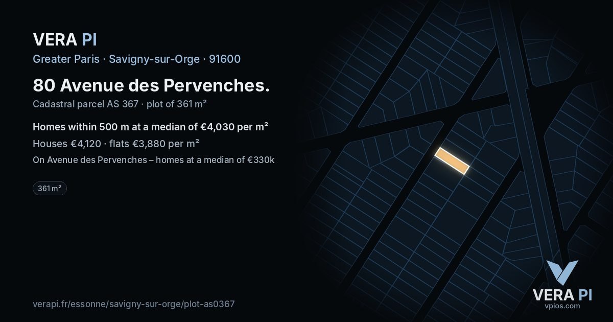 80 Avenue des Pervenches, Savigny-sur-Orge at night – the plot lit, the parcels around coloured by the prices near them
