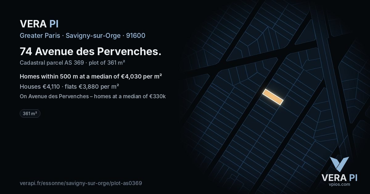 74 Avenue des Pervenches, Savigny-sur-Orge at night – the plot lit, the parcels around coloured by the prices near them