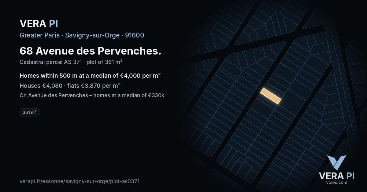 68 Avenue des Pervenches, Savigny-sur-Orge at night – the plot lit, the parcels around coloured by the prices near them