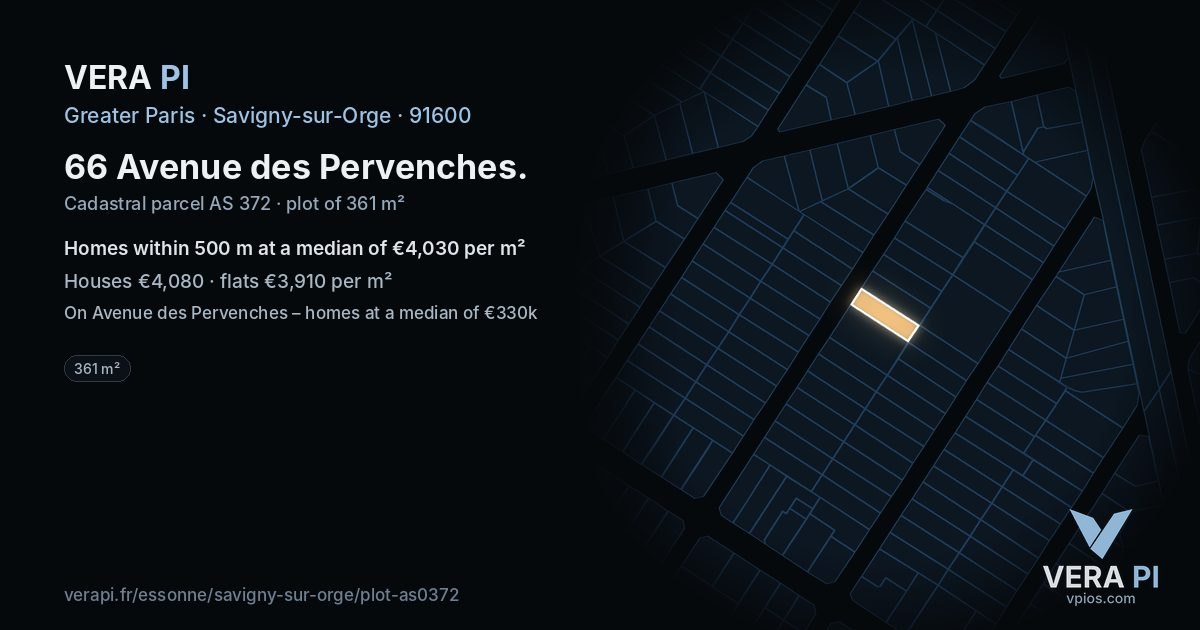 66 Avenue des Pervenches, Savigny-sur-Orge at night – the plot lit, the parcels around coloured by the prices near them