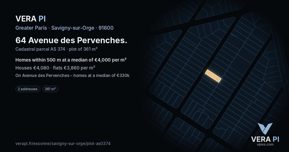 64 Avenue des Pervenches, Savigny-sur-Orge at night – the plot lit, the parcels around coloured by the prices near them