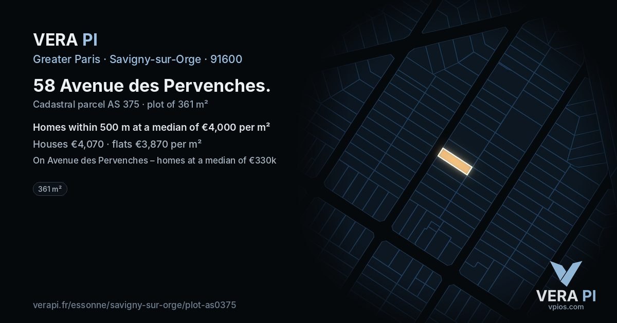 58 Avenue des Pervenches, Savigny-sur-Orge at night – the plot lit, the parcels around coloured by the prices near them