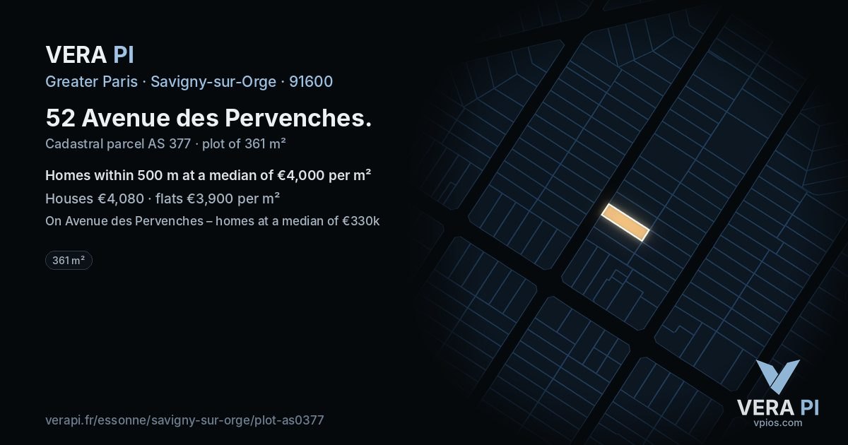 52 Avenue des Pervenches, Savigny-sur-Orge at night – the plot lit, the parcels around coloured by the prices near them