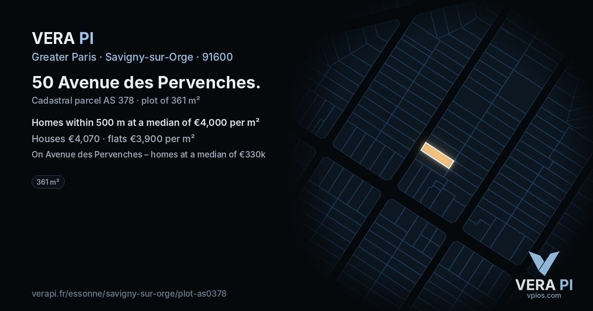 50 Avenue des Pervenches, Savigny-sur-Orge at night – the plot lit, the parcels around coloured by the prices near them