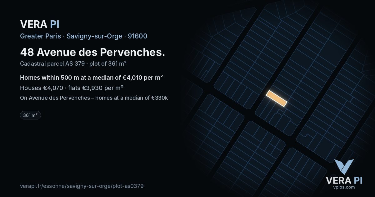 48 Avenue des Pervenches, Savigny-sur-Orge at night – the plot lit, the parcels around coloured by the prices near them