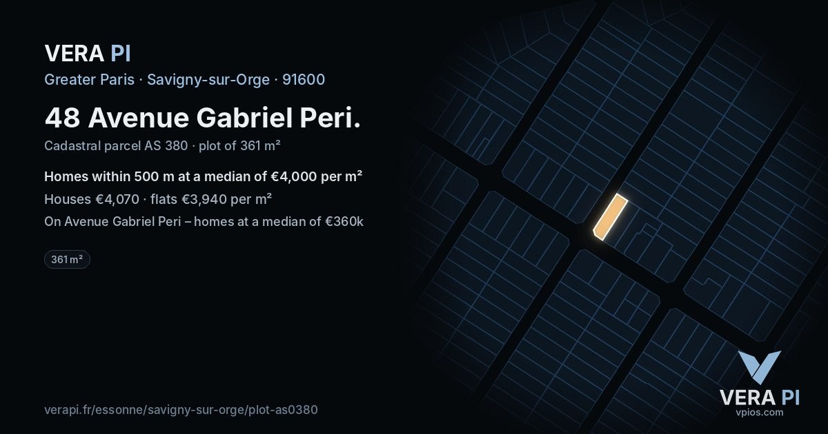 48 Avenue Gabriel Peri, Savigny-sur-Orge at night – the plot lit, the parcels around coloured by the prices near them