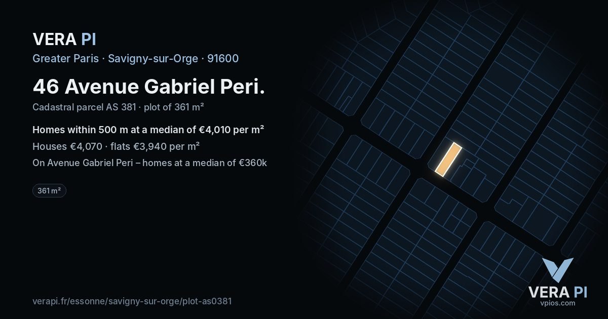 46 Avenue Gabriel Peri, Savigny-sur-Orge at night – the plot lit, the parcels around coloured by the prices near them