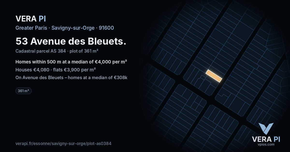 53 Avenue des Bleuets, Savigny-sur-Orge at night – the plot lit, the parcels around coloured by the prices near them