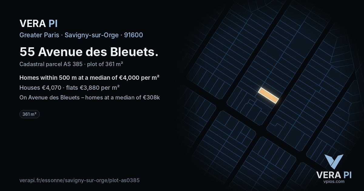55 Avenue des Bleuets, Savigny-sur-Orge at night – the plot lit, the parcels around coloured by the prices near them