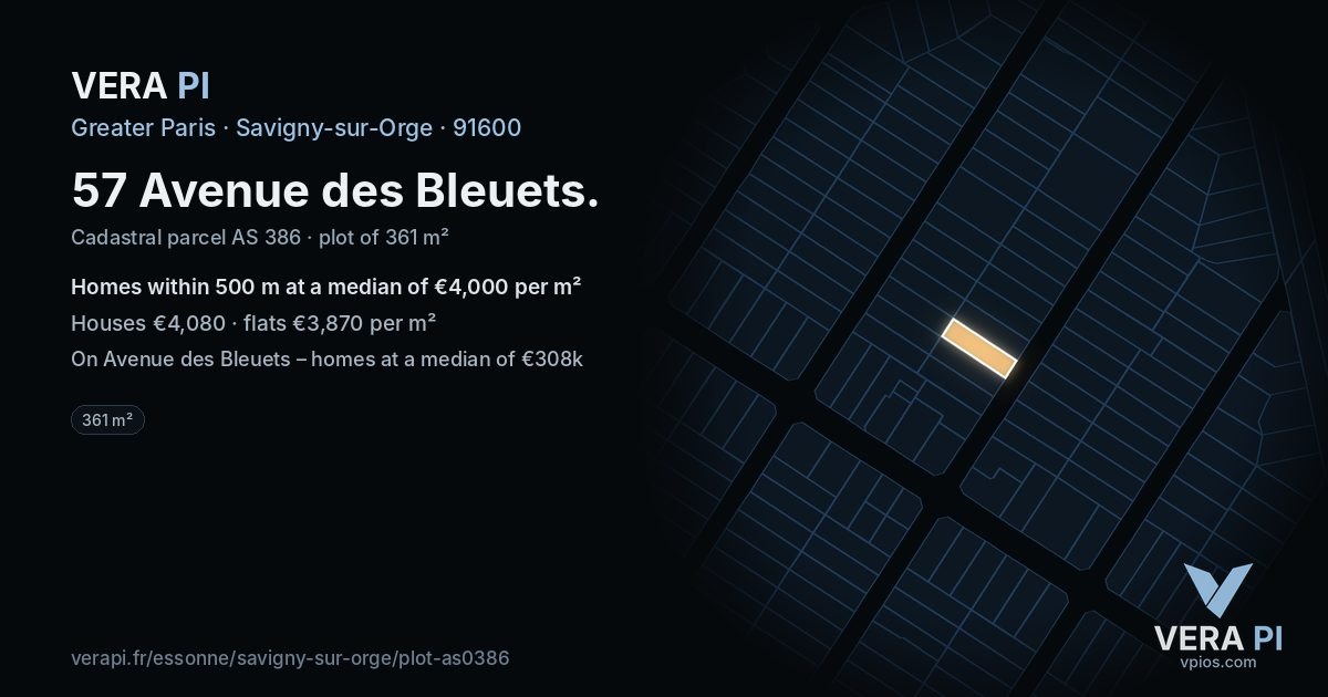 57 Avenue des Bleuets, Savigny-sur-Orge at night – the plot lit, the parcels around coloured by the prices near them