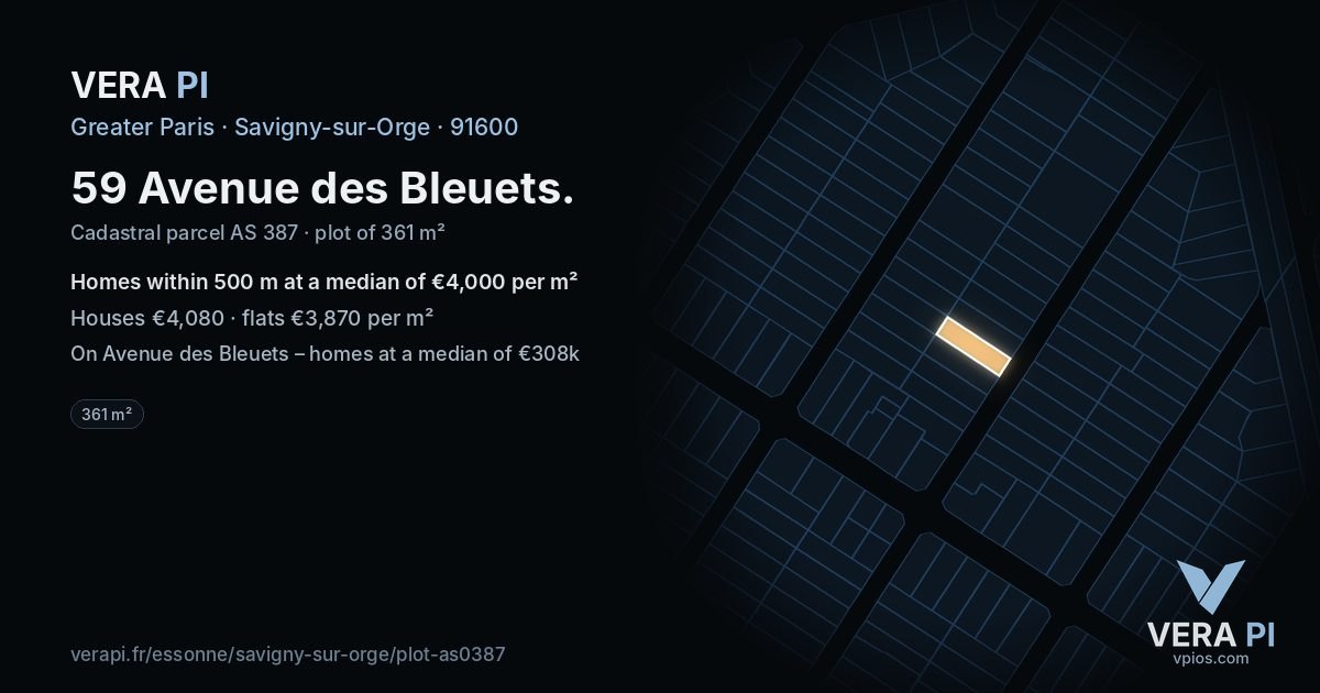 59 Avenue des Bleuets, Savigny-sur-Orge at night – the plot lit, the parcels around coloured by the prices near them