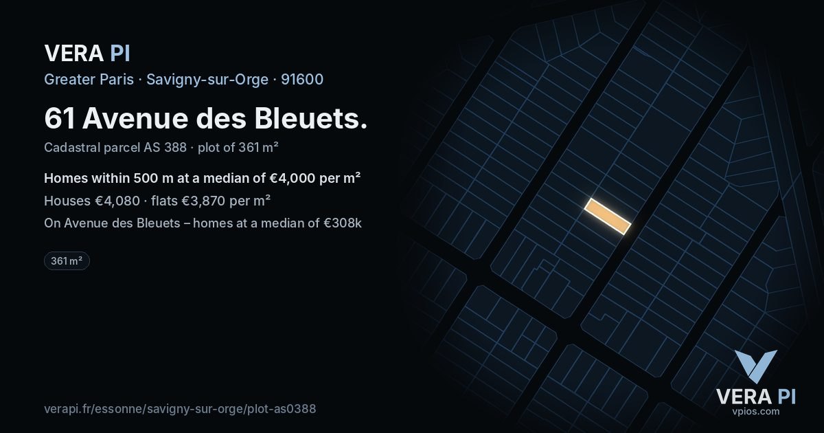61 Avenue des Bleuets, Savigny-sur-Orge at night – the plot lit, the parcels around coloured by the prices near them
