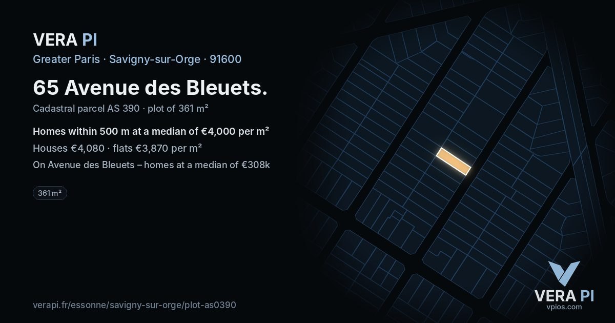 65 Avenue des Bleuets, Savigny-sur-Orge at night – the plot lit, the parcels around coloured by the prices near them