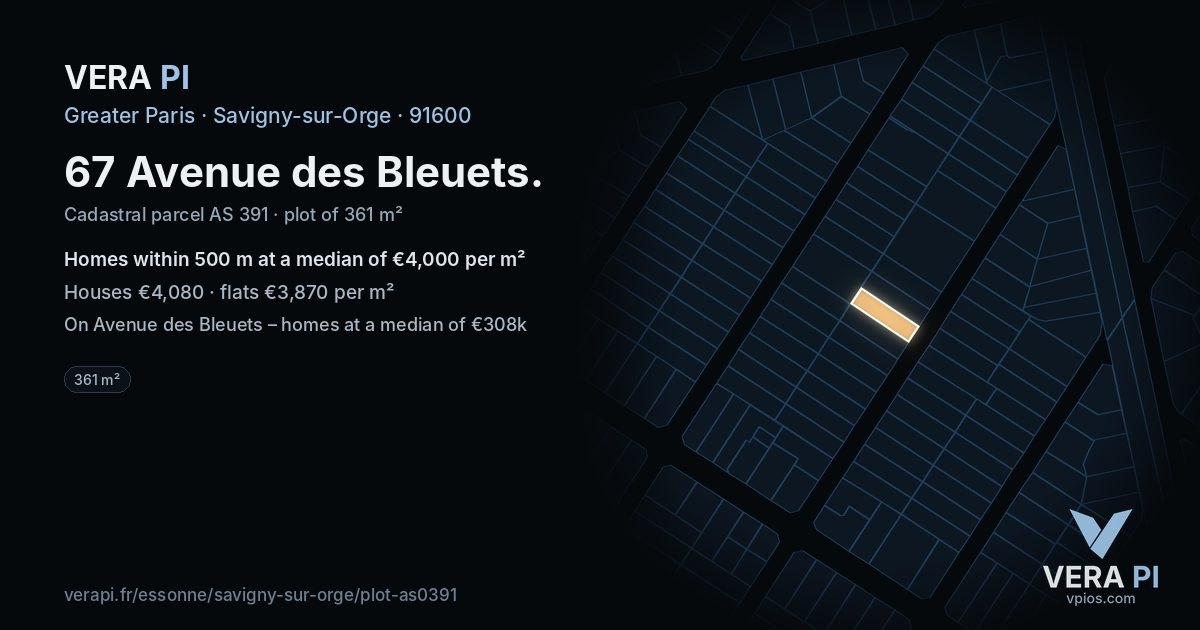 67 Avenue des Bleuets, Savigny-sur-Orge at night – the plot lit, the parcels around coloured by the prices near them