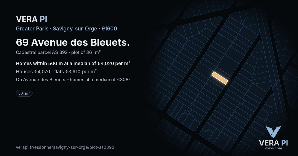 69 Avenue des Bleuets, Savigny-sur-Orge at night – the plot lit, the parcels around coloured by the prices near them