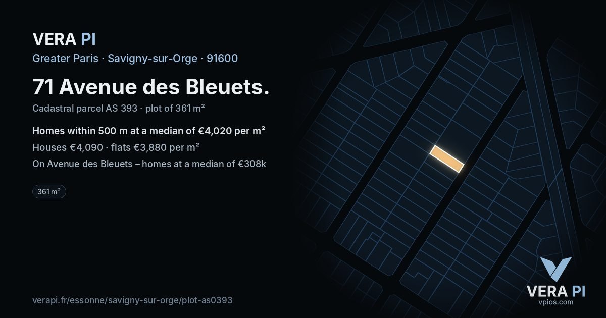 71 Avenue des Bleuets, Savigny-sur-Orge at night – the plot lit, the parcels around coloured by the prices near them