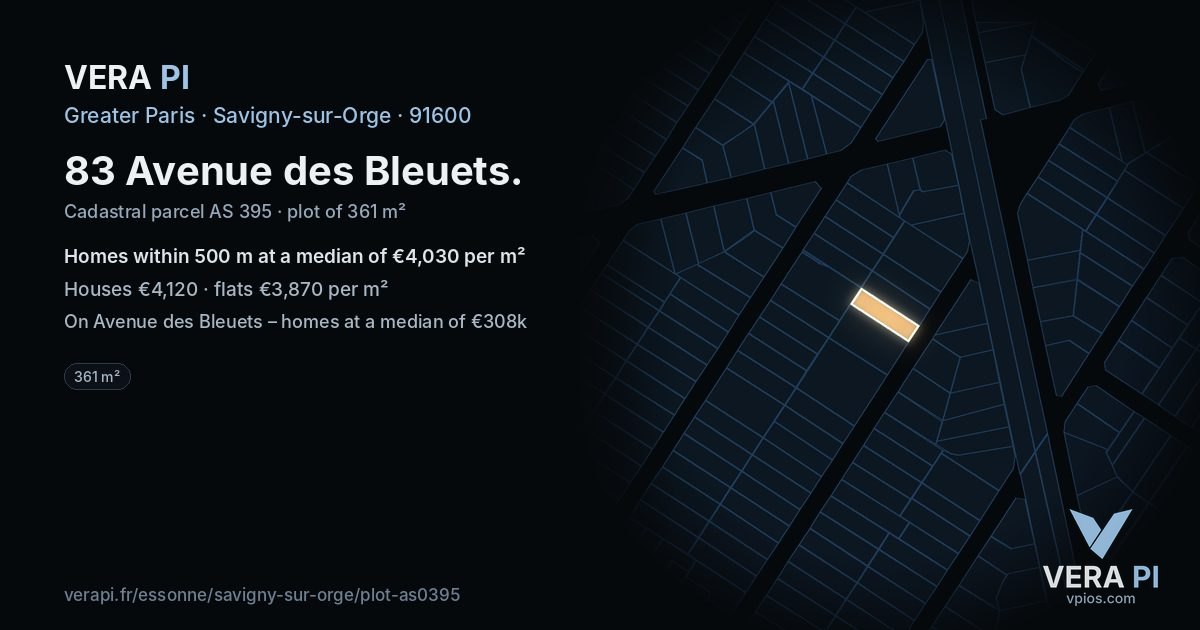 83 Avenue des Bleuets, Savigny-sur-Orge at night – the plot lit, the parcels around coloured by the prices near them