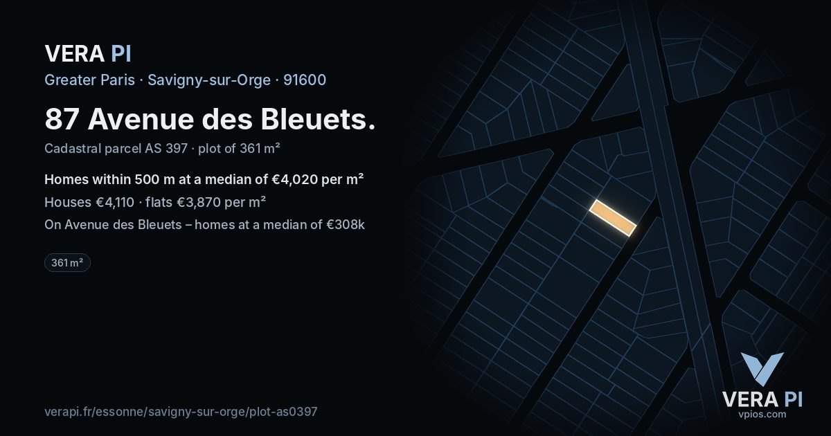 87 Avenue des Bleuets, Savigny-sur-Orge at night – the plot lit, the parcels around coloured by the prices near them