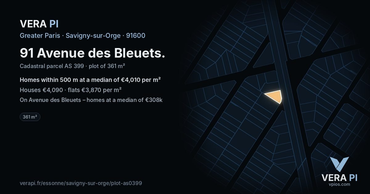 91 Avenue des Bleuets, Savigny-sur-Orge at night – the plot lit, the parcels around coloured by the prices near them