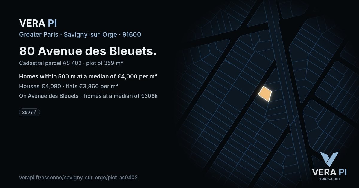 80 Avenue des Bleuets, Savigny-sur-Orge at night – the plot lit, the parcels around coloured by the prices near them