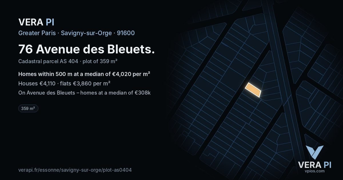 76 Avenue des Bleuets, Savigny-sur-Orge at night – the plot lit, the parcels around coloured by the prices near them