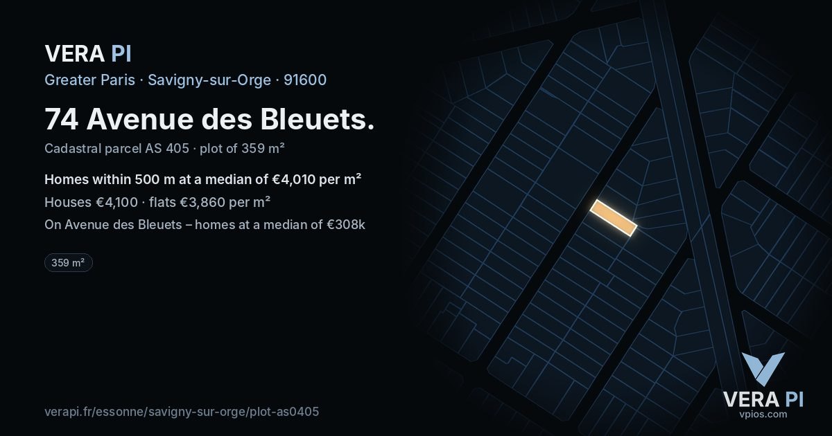 74 Avenue des Bleuets, Savigny-sur-Orge at night – the plot lit, the parcels around coloured by the prices near them