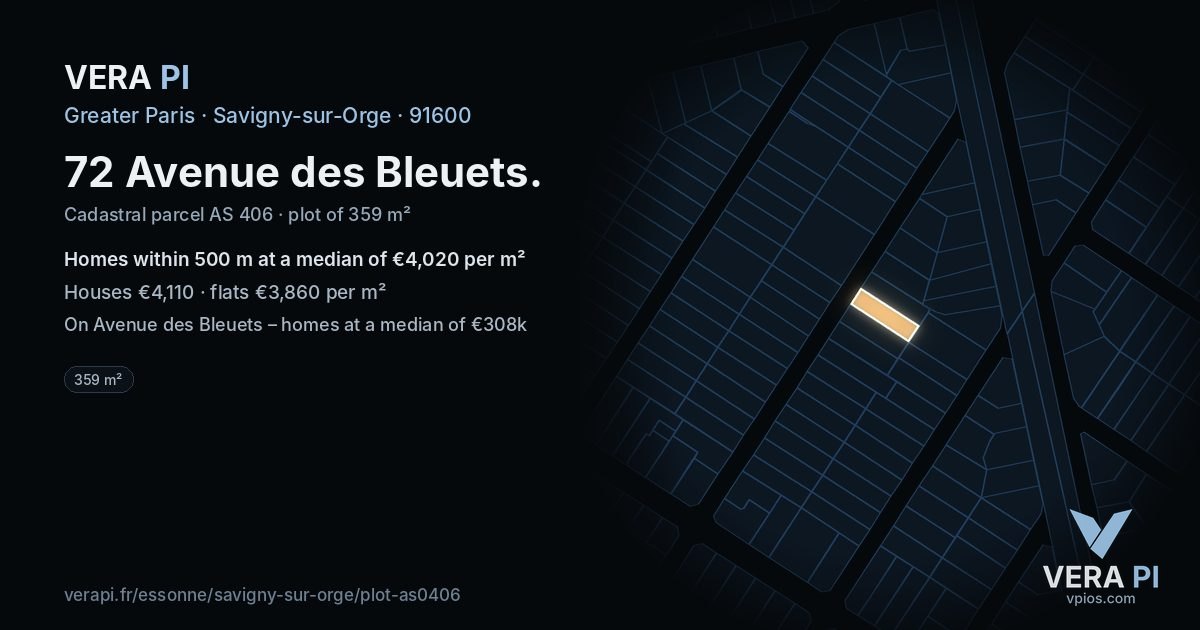 72 Avenue des Bleuets, Savigny-sur-Orge at night – the plot lit, the parcels around coloured by the prices near them
