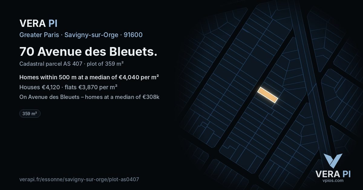 70 Avenue des Bleuets, Savigny-sur-Orge at night – the plot lit, the parcels around coloured by the prices near them