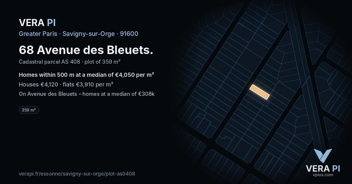 68 Avenue des Bleuets, Savigny-sur-Orge at night – the plot lit, the parcels around coloured by the prices near them
