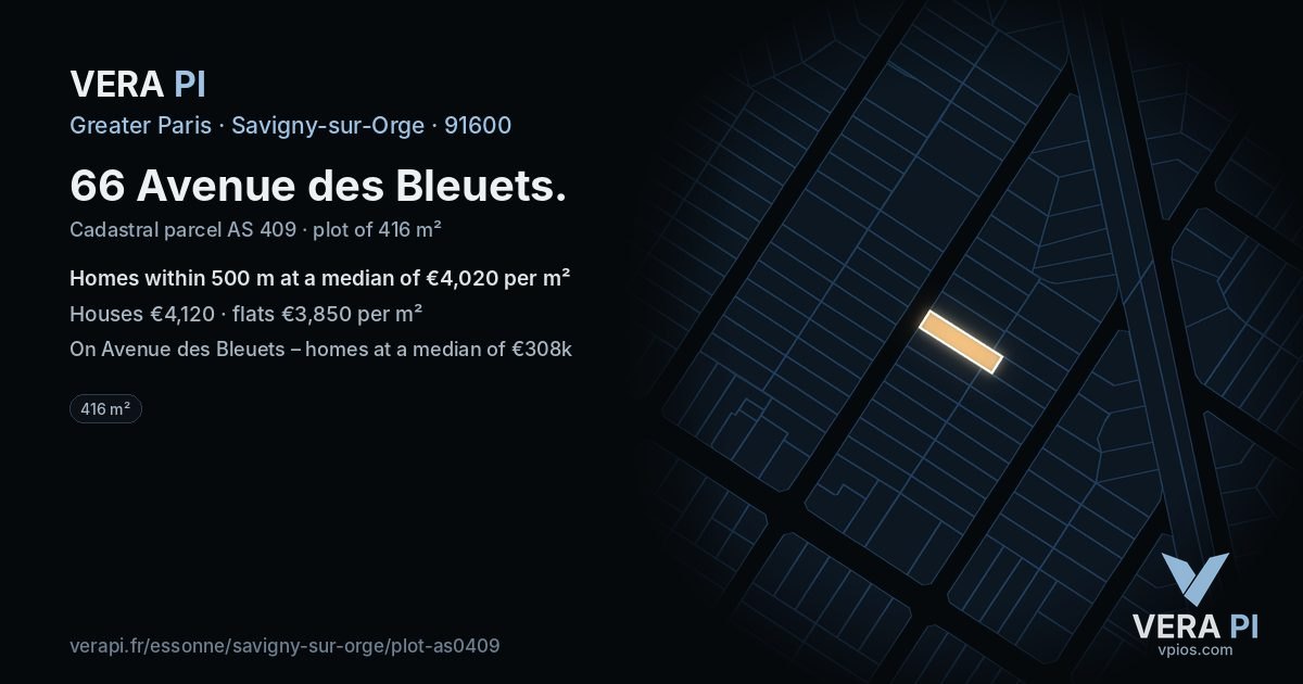 66 Avenue des Bleuets, Savigny-sur-Orge at night – the plot lit, the parcels around coloured by the prices near them