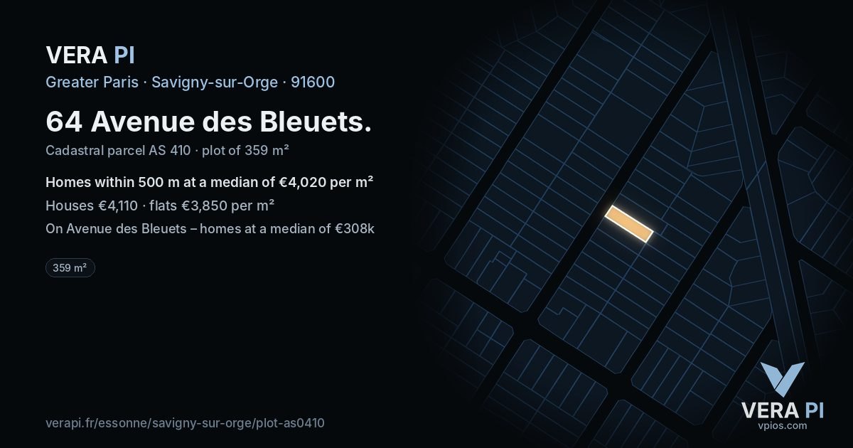 64 Avenue des Bleuets, Savigny-sur-Orge at night – the plot lit, the parcels around coloured by the prices near them