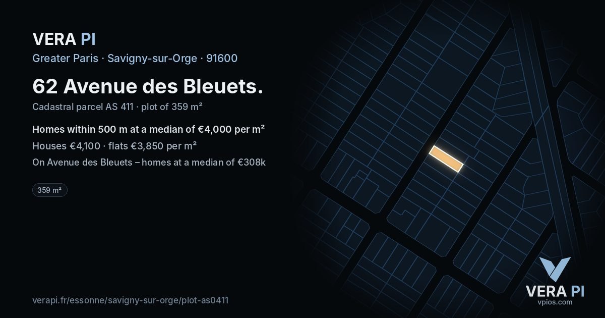 62 Avenue des Bleuets, Savigny-sur-Orge at night – the plot lit, the parcels around coloured by the prices near them