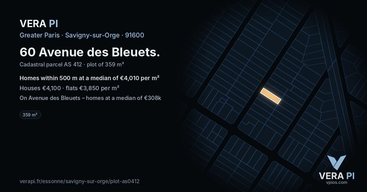 60 Avenue des Bleuets, Savigny-sur-Orge at night – the plot lit, the parcels around coloured by the prices near them
