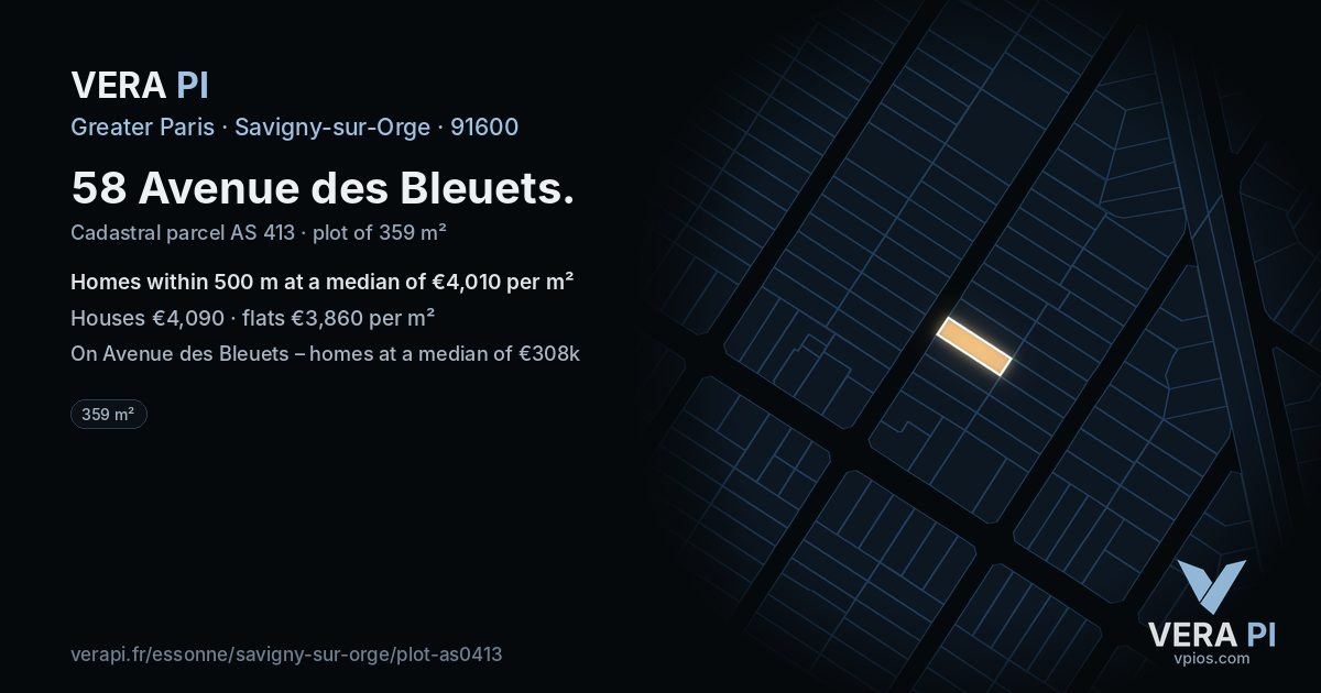 58 Avenue des Bleuets, Savigny-sur-Orge at night – the plot lit, the parcels around coloured by the prices near them
