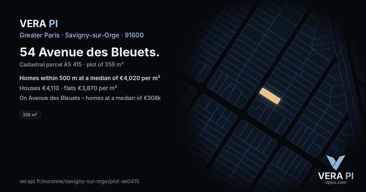 54 Avenue des Bleuets, Savigny-sur-Orge at night – the plot lit, the parcels around coloured by the prices near them
