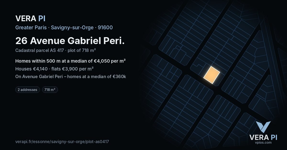 26 Avenue Gabriel Peri, Savigny-sur-Orge at night – the plot lit, the parcels around coloured by the prices near them