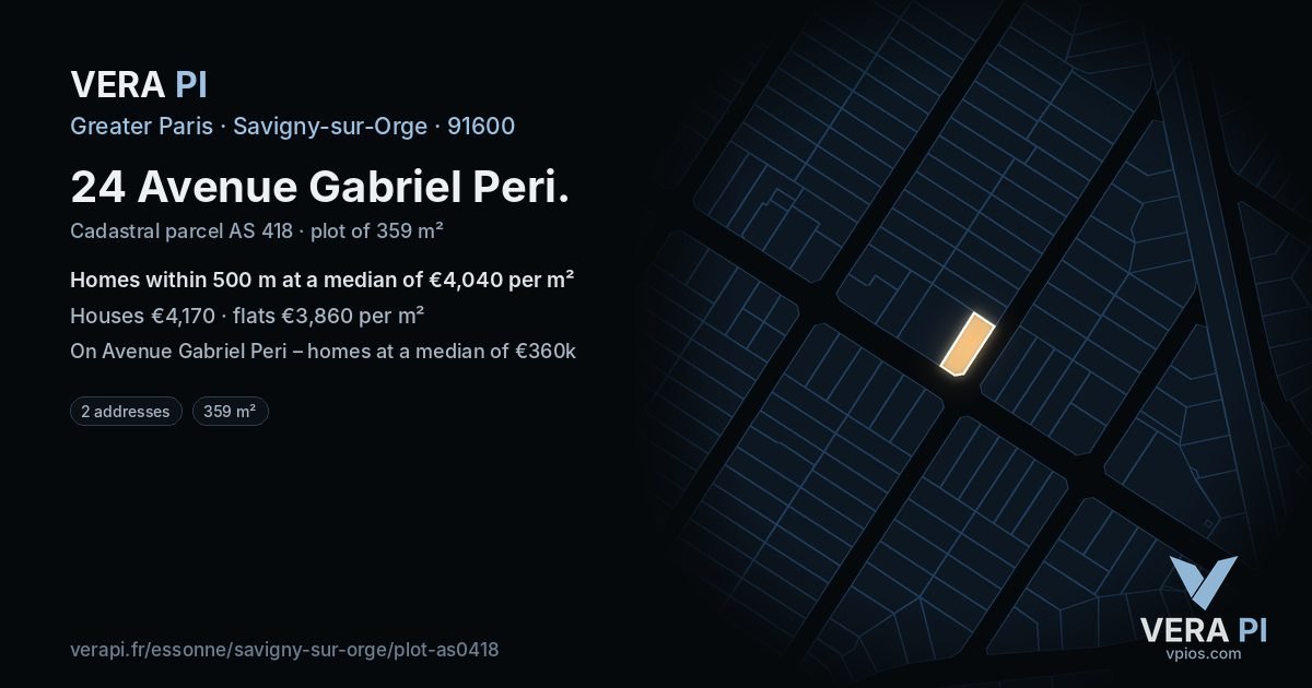 24 Avenue Gabriel Peri, Savigny-sur-Orge at night – the plot lit, the parcels around coloured by the prices near them
