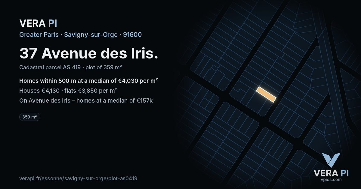 37 Avenue des Iris, Savigny-sur-Orge at night – the plot lit, the parcels around coloured by the prices near them