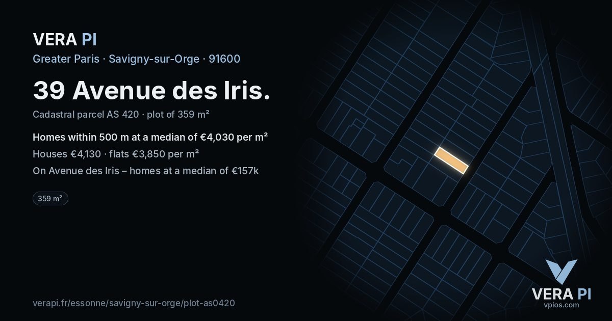 39 Avenue des Iris, Savigny-sur-Orge at night – the plot lit, the parcels around coloured by the prices near them
